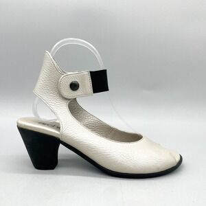 Arche Womens 36 5.5  Slingback Sandals Shoes White Leather Black Heel‎ Peep Toe